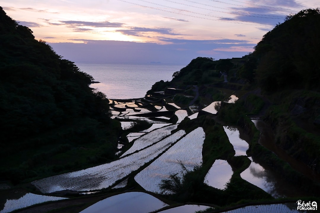 Coucher de soleil sur les rizières en terasse Hamanoura, ville de Genkai, préfecture de Saga