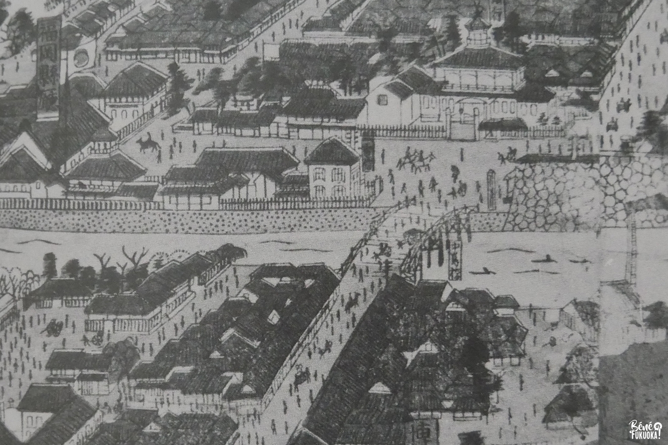 Gravure représentant les villes de Fukuoka (en haut) et Hakata (en bas) avant leur fusion